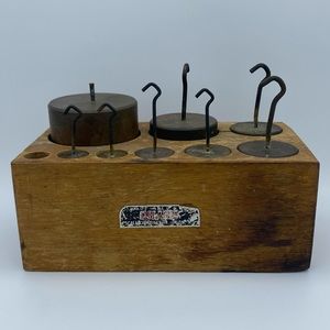 Vintage Ohaus Scale Corporation Weights w/ Hooks In Wooden Box Made In USA